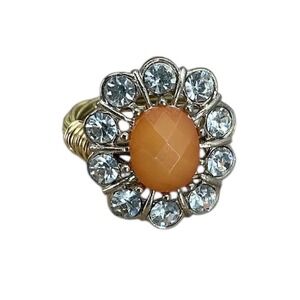 Statement Ring Gold Wire Wrapped Guitar String Peach Stone Clear Crystal Flower
